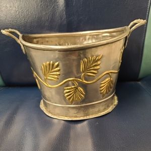 vintage two-tone brass copper container handled flower detail pot planter